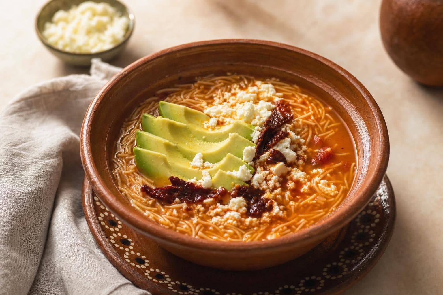 Dry noodle soup with avocado